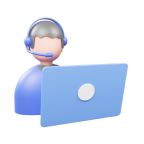 3D Illustration einer Person mit Headset vor einem Bildschirm.