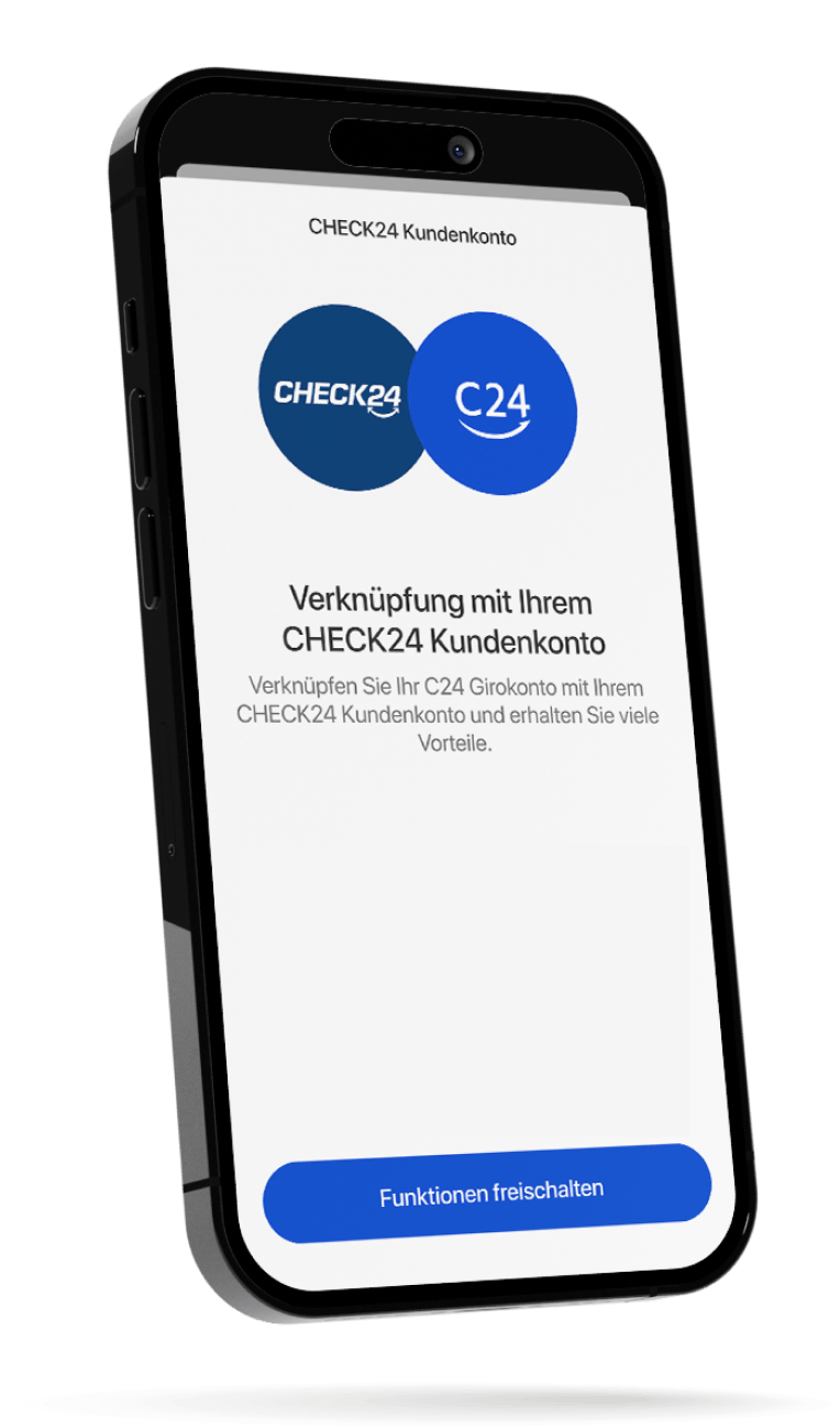 Ein Smartphone zeigt eine Seite, auf der man die C24 Bank App mit seinem CHECK24 Kundenkonto verknüpfen kann, um weitere Funktionen freizuschalten.