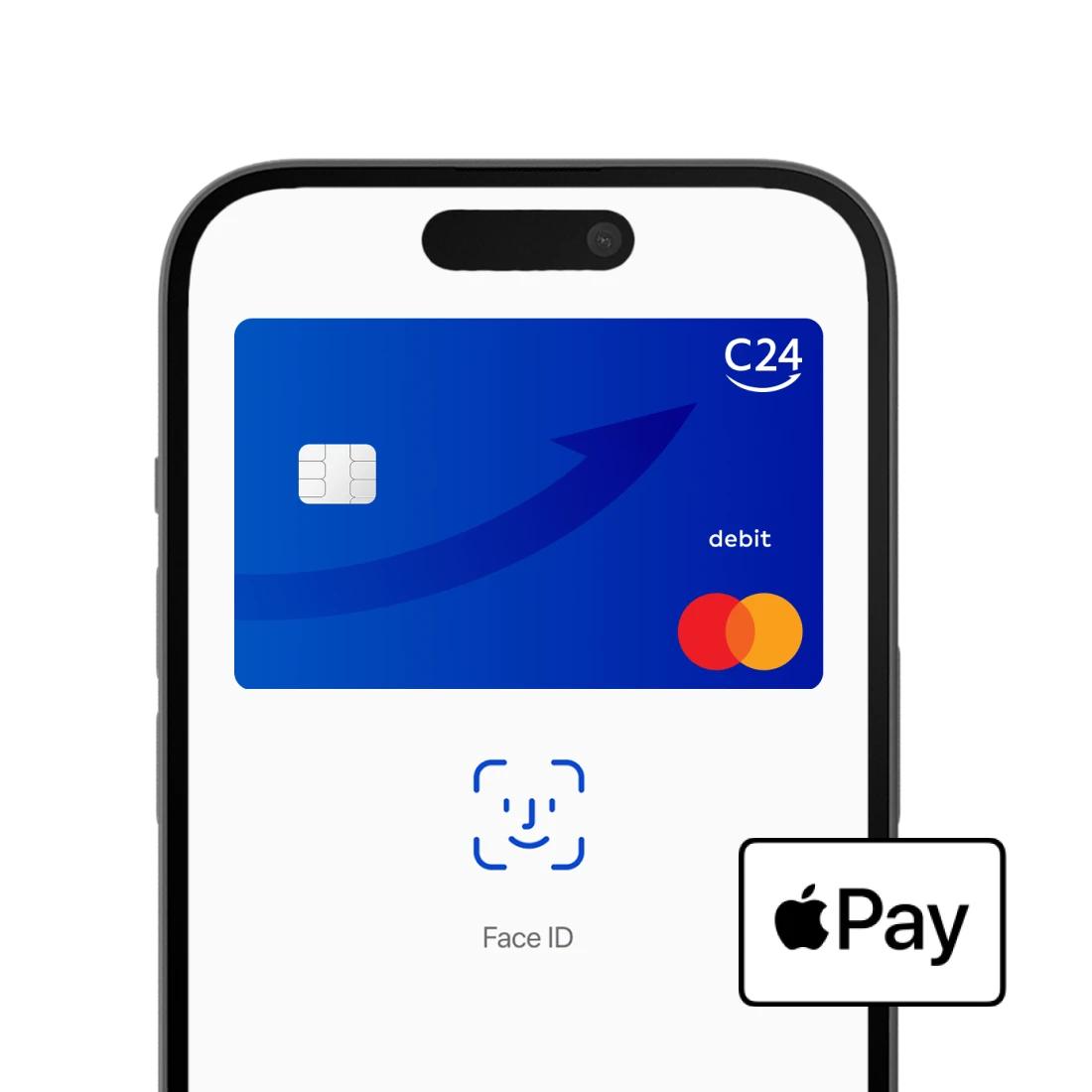 Ein Smartphone zeigt die dunkelblaue C24 Mastercard und daneben das Apple Pay Logo.