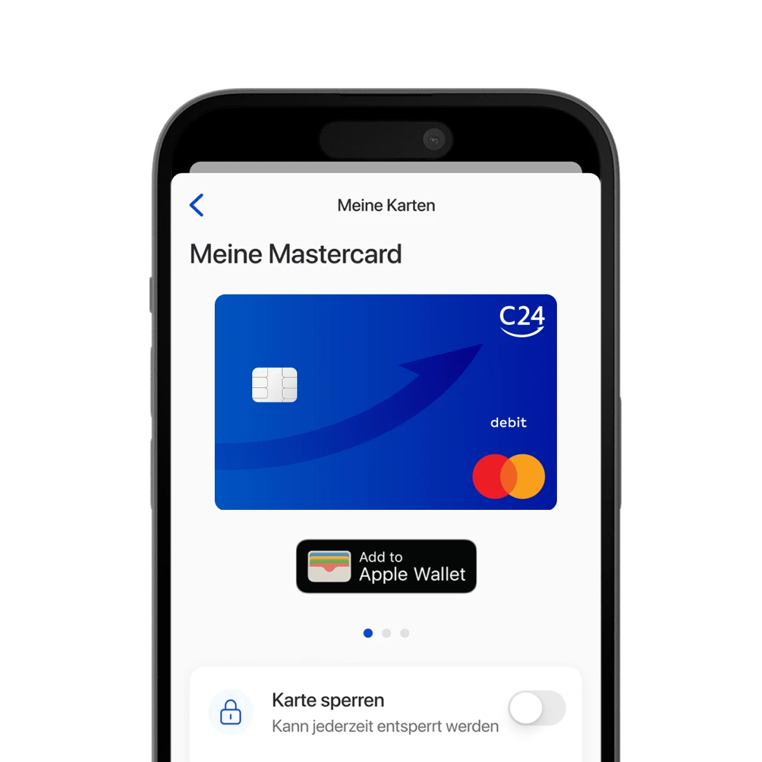Ein Smartphone zeigt die Seite 'Meine Karten' der C24 Bank App, auf der man via Button die Karte zu Apple Pay hinzufügen kann.