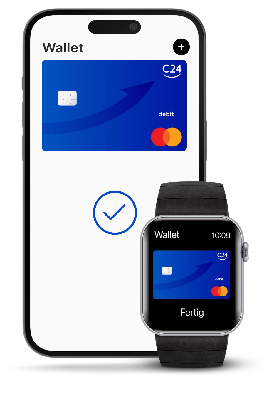 Ein Smartphone zeigt das Apple Pay Wallet mit der dunkelblauen C24 Mastercard, daneben eine Smartwatch mit derselben Karte.