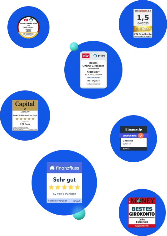 Illustration zeigt mehrere verschiedene Auszeichnungen der C24 Bank.