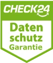 Ein von CHECK24 ausgestelltes Siegel mit dem Text 'Datenschutz Garantie'.