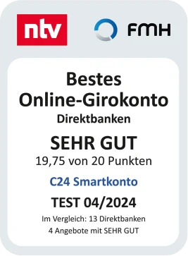 Auszeichnung von n-tv und FMH: Bestes Online-Girokonto in der Kategorie Direktbanken.