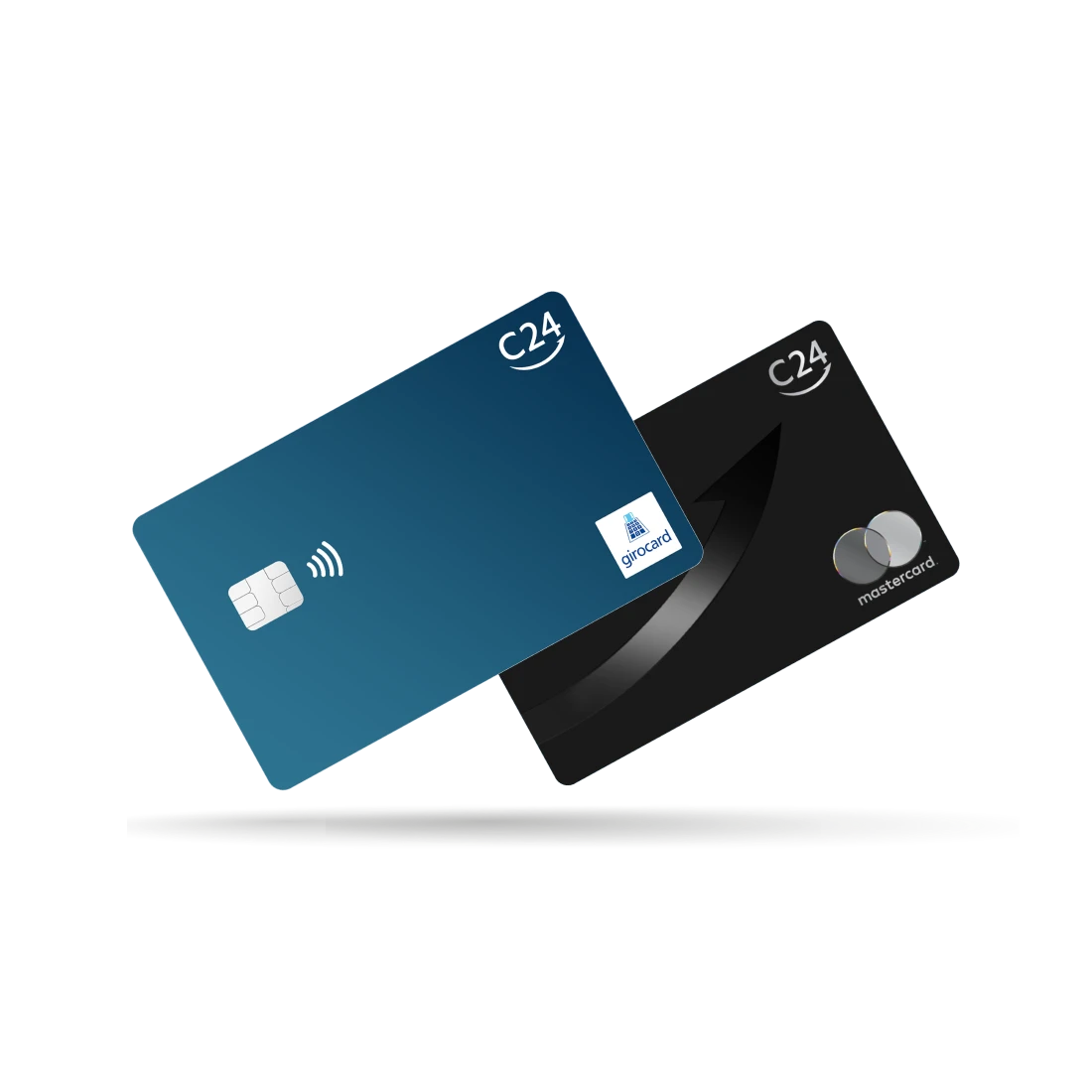 Die blaue C24 girocard und die schwarze metallische C24 Mastercard schweben nebeneinander.