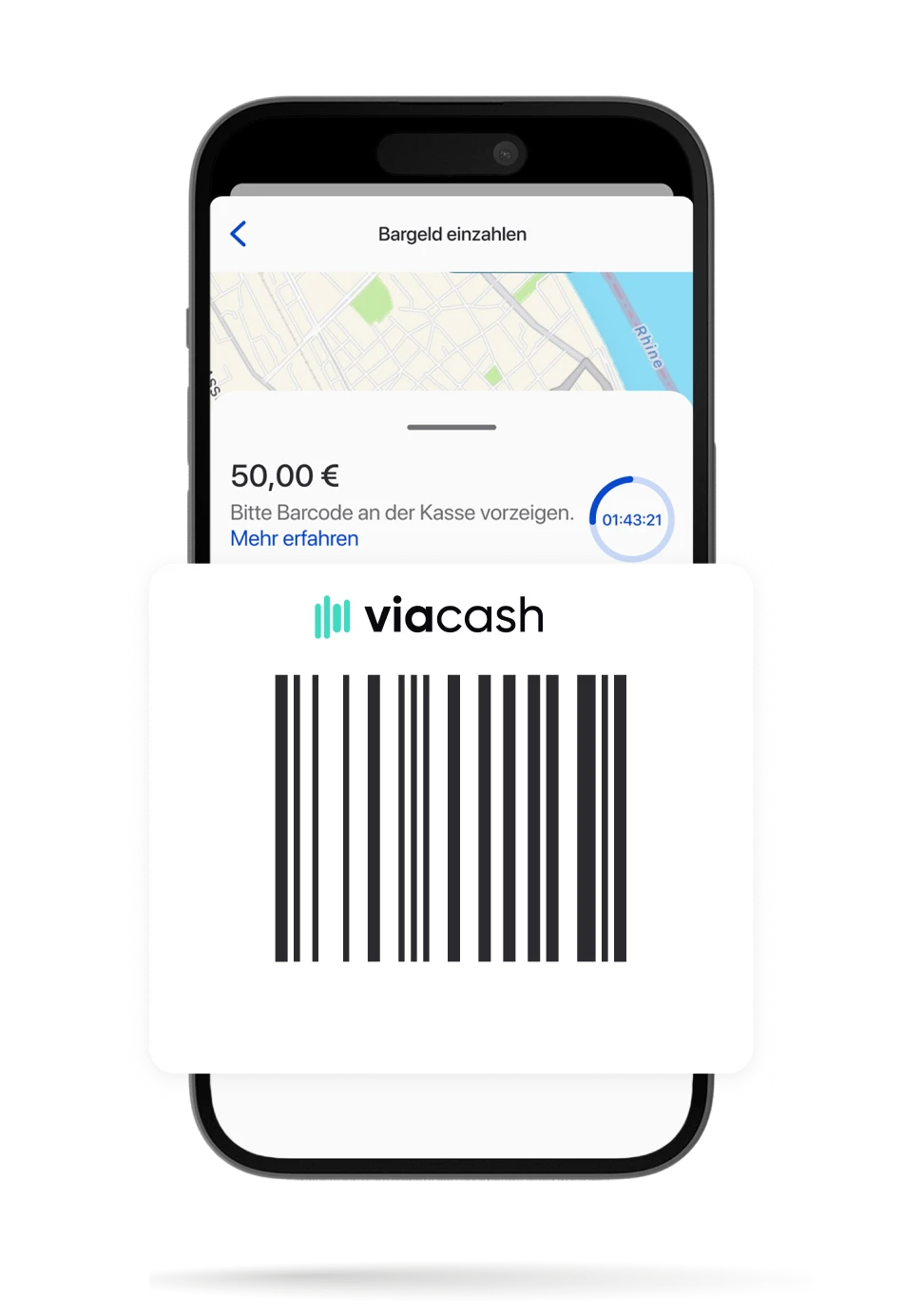 Ein Smartphone zeigt die Bargeld-Einzahlen-Seite der C24 Bank App, auf der ein Barcode groß hervorgehoben ist.