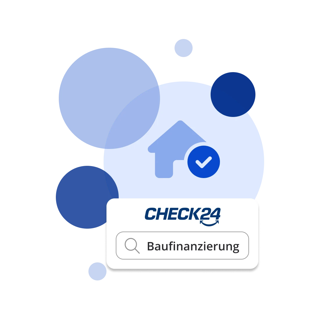 Eine Illustration mit dem CHECK24 Logo und einer Suchmaske mit dem Begriff Baufinanzierung.