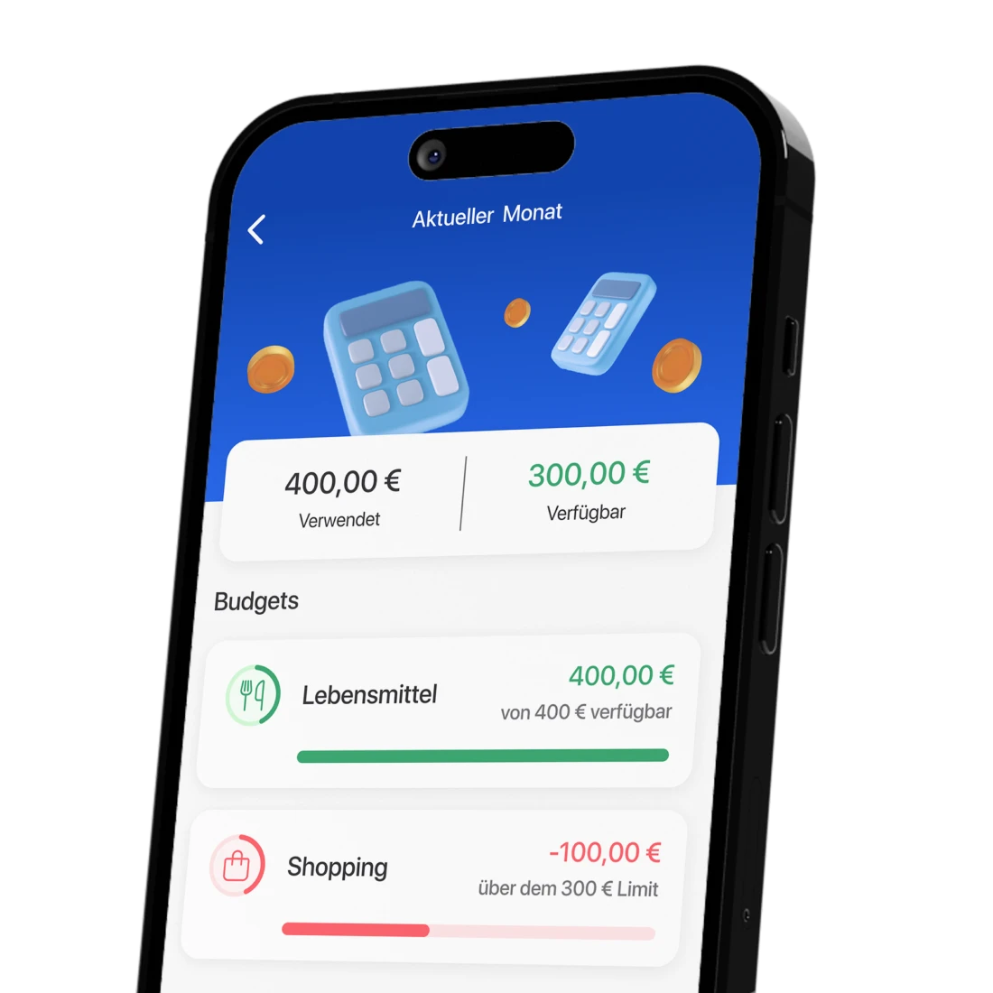 Ein Smartphone zeigt die Budgetübersicht der C24 Bank App. Diese zeigt das festgelegte und bereits verwendete Budget für gewählte Kategorieren wie Lebensmittel oder Shopping.