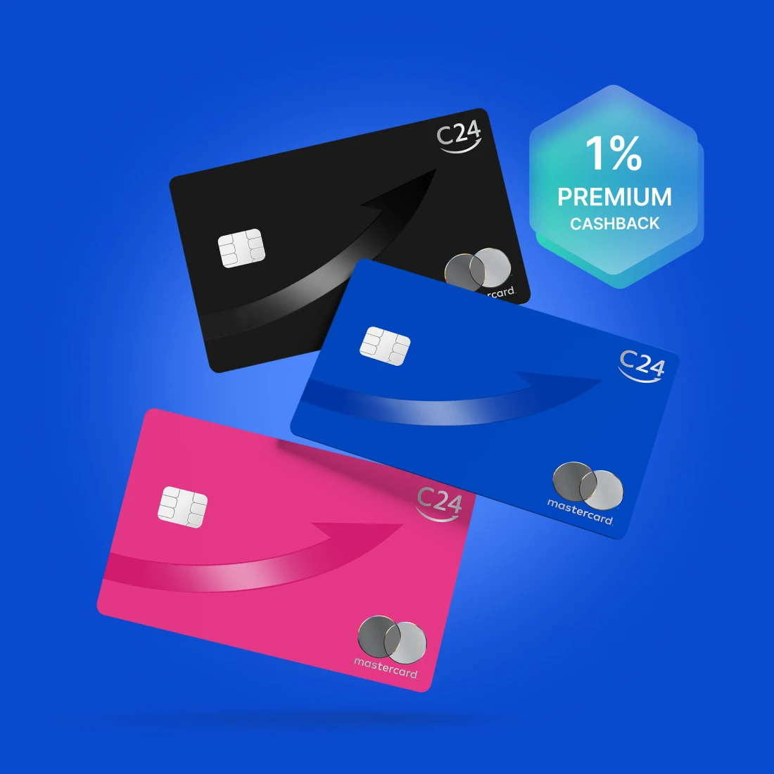 Drei schwebende metallische C24 Mastercard Karten in verschiedenen Farben: Schwarz, Dunkelblau und Pink. Daneben ein Hinweis auf 1 Prozent Premium Cashback.