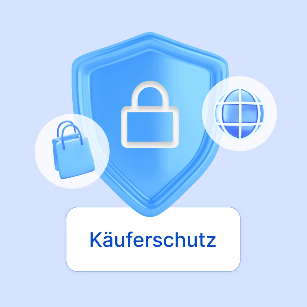 3D Illustration eines Schildes mit einem Schloss in der Mitte, daneben eine Einkaufstüte und eine Weltkugel, darunter der Text 'Käuferschutz'.