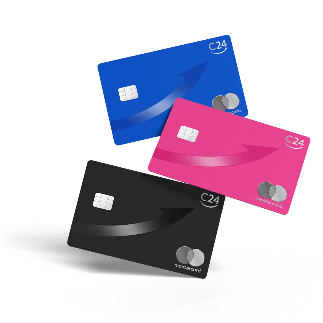 Drei schwebende metallische C24 Mastercard Karten in verschiedenen Farben: Dunkelblau, Pink und Schwarz.