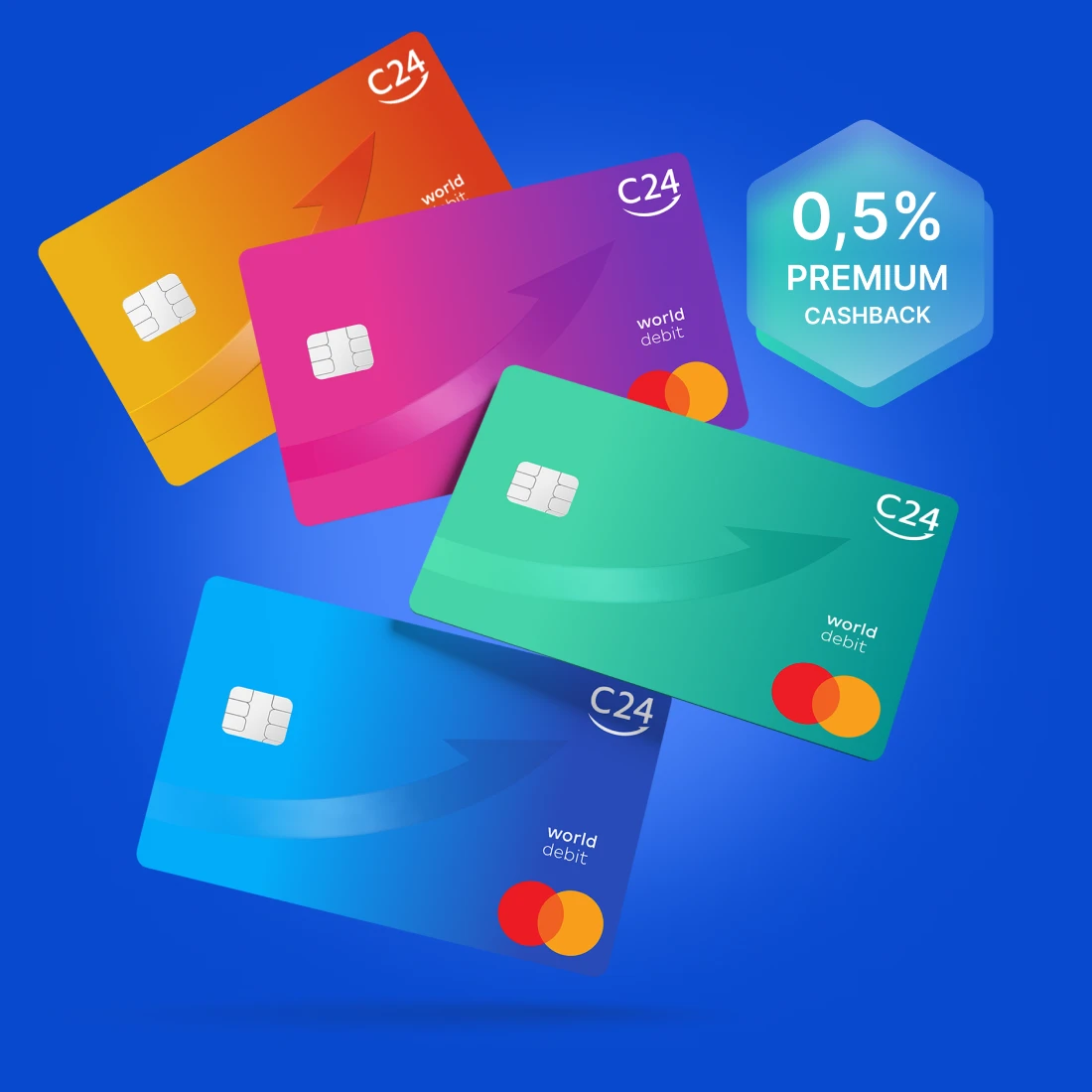 Vier schwebende C24 Mastercard Karten in verschiedenen Farben: Orange, Lila, Türkis und Hellblau, jeweils mit einem leichten Farbverlauf. Daneben ein Hinweis auf 0,5 Prozent Premium Cashback.