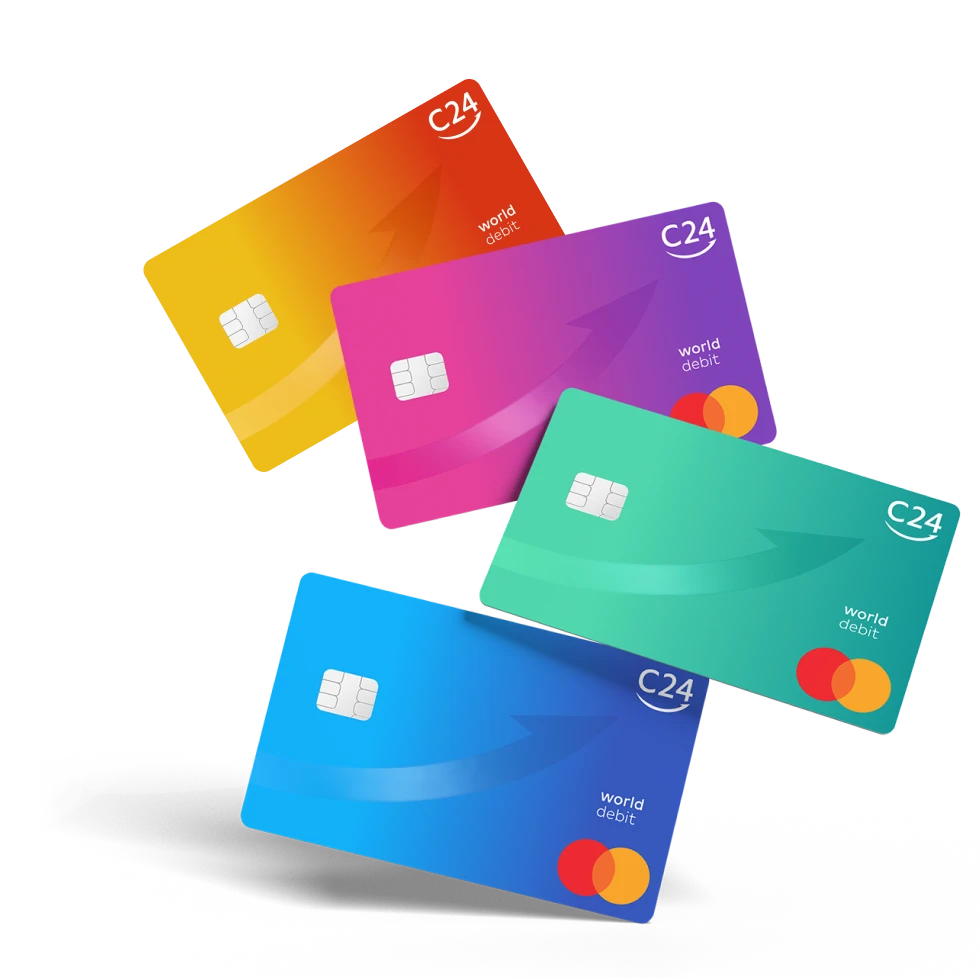 Vier schwebende C24 Mastercard Karten in verschiedenen Farben: Orange, Lila, Türkis und Hellblau, jeweils mit einem leichten Farbverlauf.