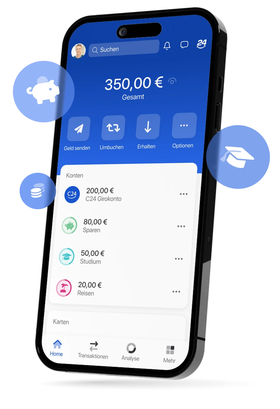 Ein Smartphone zeigt die Kontoübersicht der C24 Bank App, wo Pockets mit den Namen Sparen, Studium und Reisen angezeigt werden.