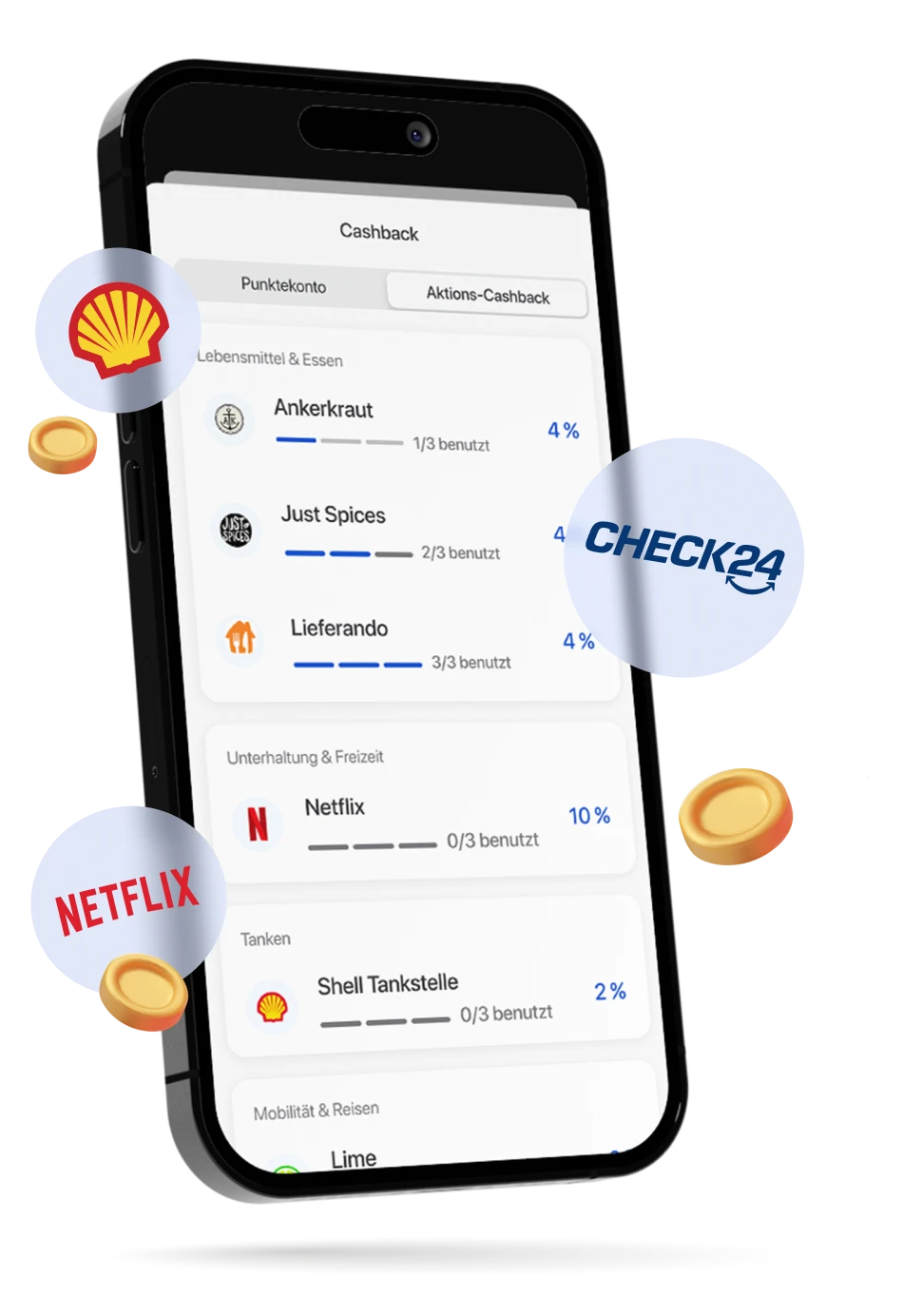 Ein Smartphone zeigt die Aktions-Cashback Seite der C24 Bank App, auf der bereits genutztes Cashback für Anbieter wie Netflix, Lieferando oder Shell Tankstellen dargestellt wird.