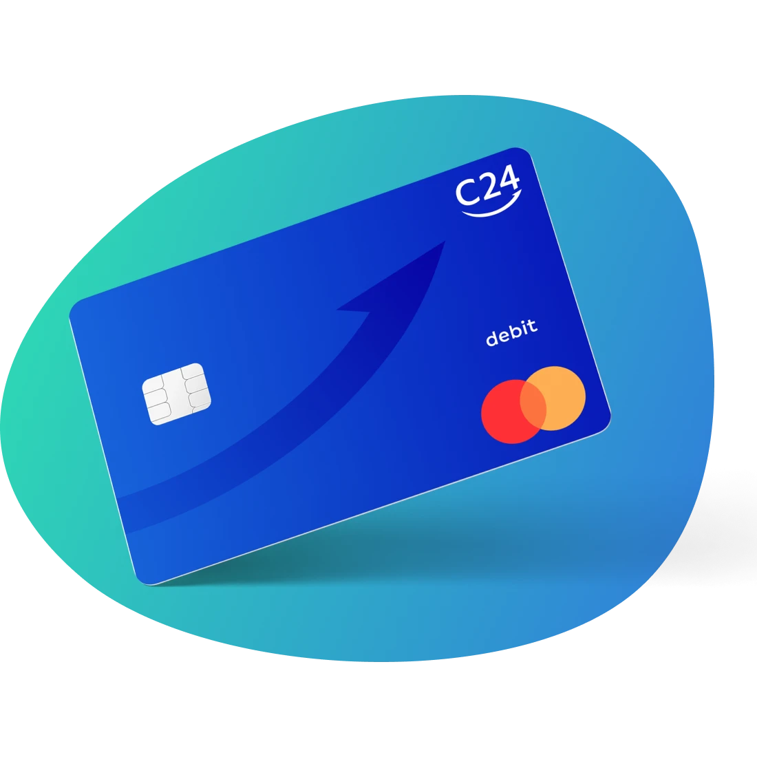 Die dunkelblaue C24 Mastercard auf einem türkisen Hintergrund.