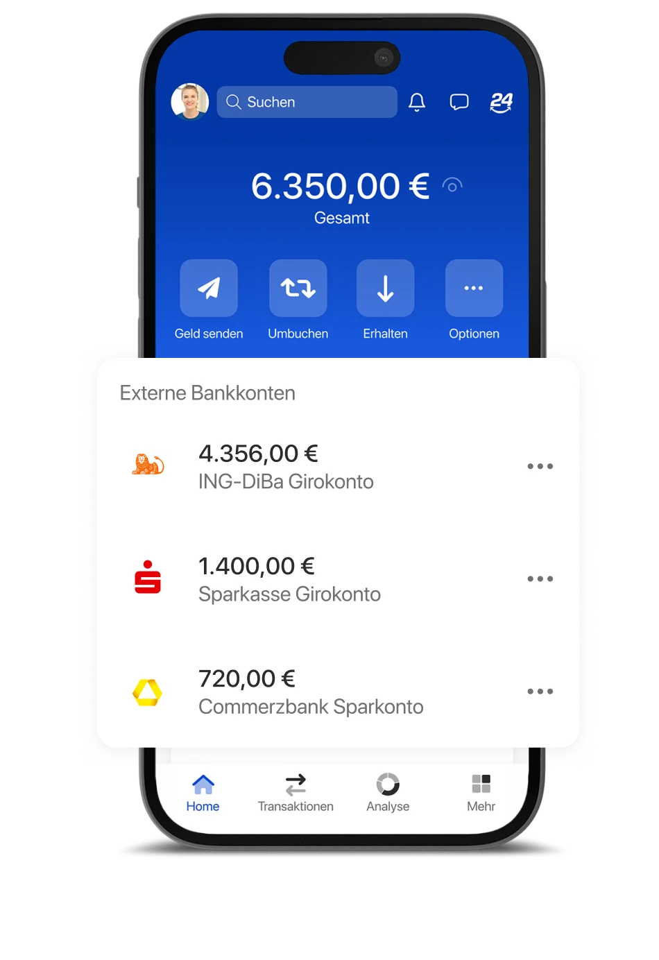 Ein Smartphone zeigt exemplarisch Konten der ING-DiBa, Sparkasse und Commerzbank, welche in der C24 Bank App eingebunden wurden.