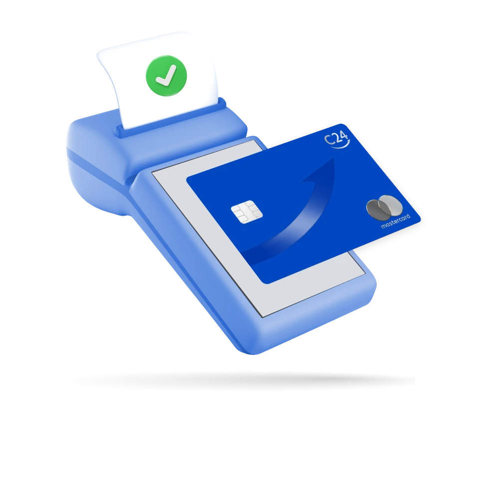 3D Illustration eines Kartenlesegerätes, an welches die dunkelblaue C24 Mastercard gehalten wird.