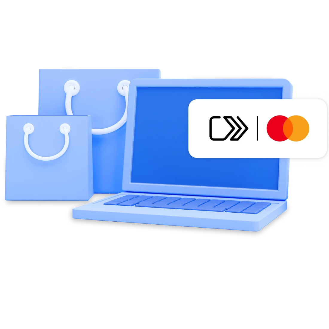 3D Illustration eines aufgeklappten Laptops mit zwei Einkaufstüten daneben. Davor das Logo von Click to Pay und Mastercard.