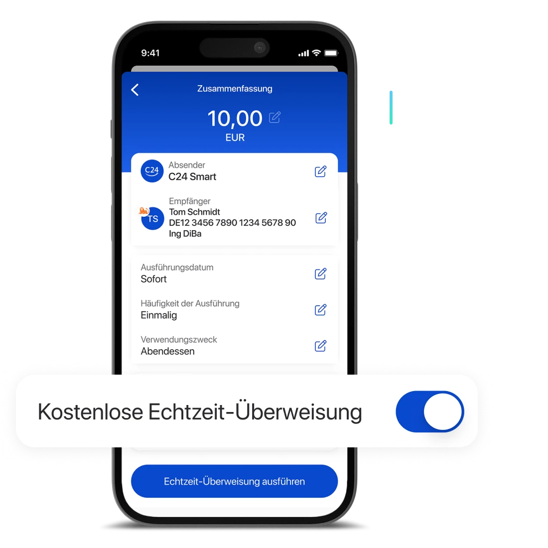 Ein Smartphone zeigt eine Überweisungszusammenfassung innerhalb der C24 Bank App. Hervorgehoben ist die Option für eine kostenlose Echtzeitüberweisung.