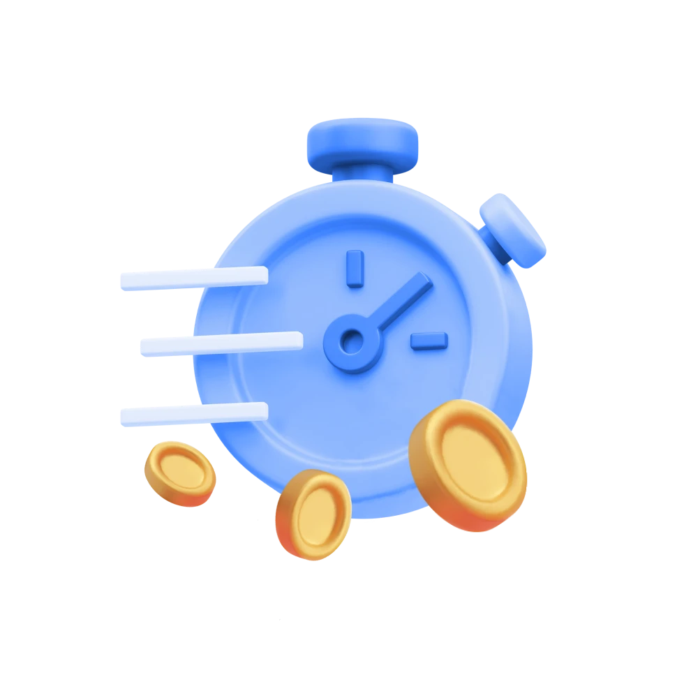 3D Illustration einer Stoppuhr und drei goldenen Münzen darunter.