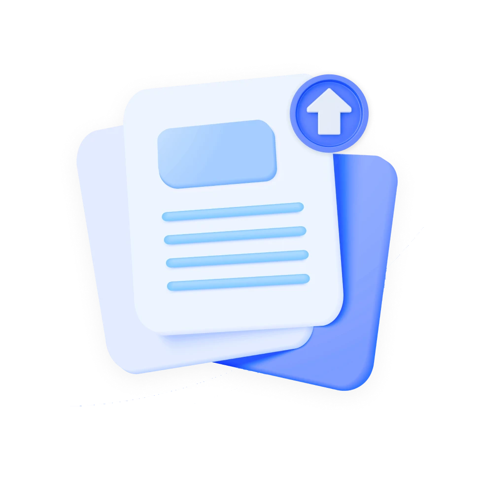 3D Illustration von mehreren Dokumenten und einem Pfeil nach oben.
