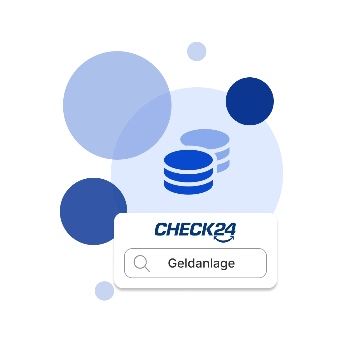 Eine Illustration mit dem CHECK24 Logo und einer Suchmaske mit dem Begriff Geldanlage.