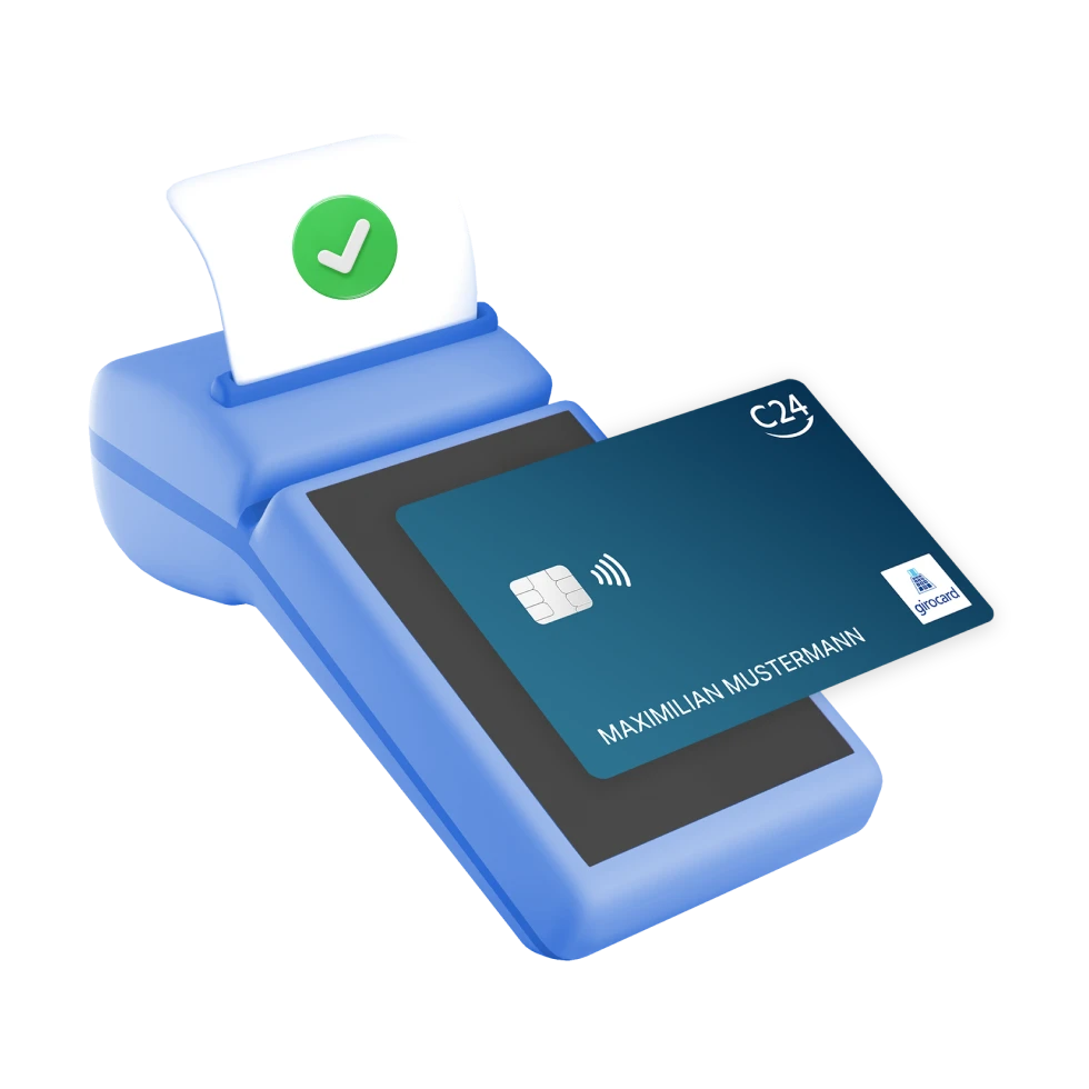 3D Illustration eines Kartenlesegerätes, an welches die C24 girocard gehalten wird.
