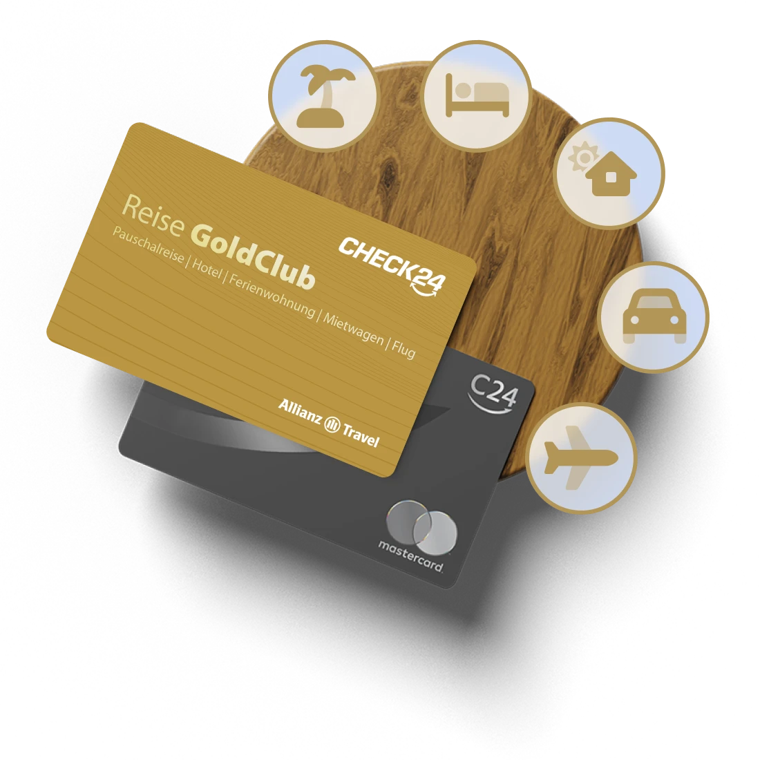 Eine goldene CHECK24 Reise GoldClub Karte und darunter eine schwarze metallische C24 Mastercard auf einem runden Holzbrett. Daneben gold-braune Symbole für: Urlaub, Hotel, Ferienhaus, Mietwagen und Flüge.