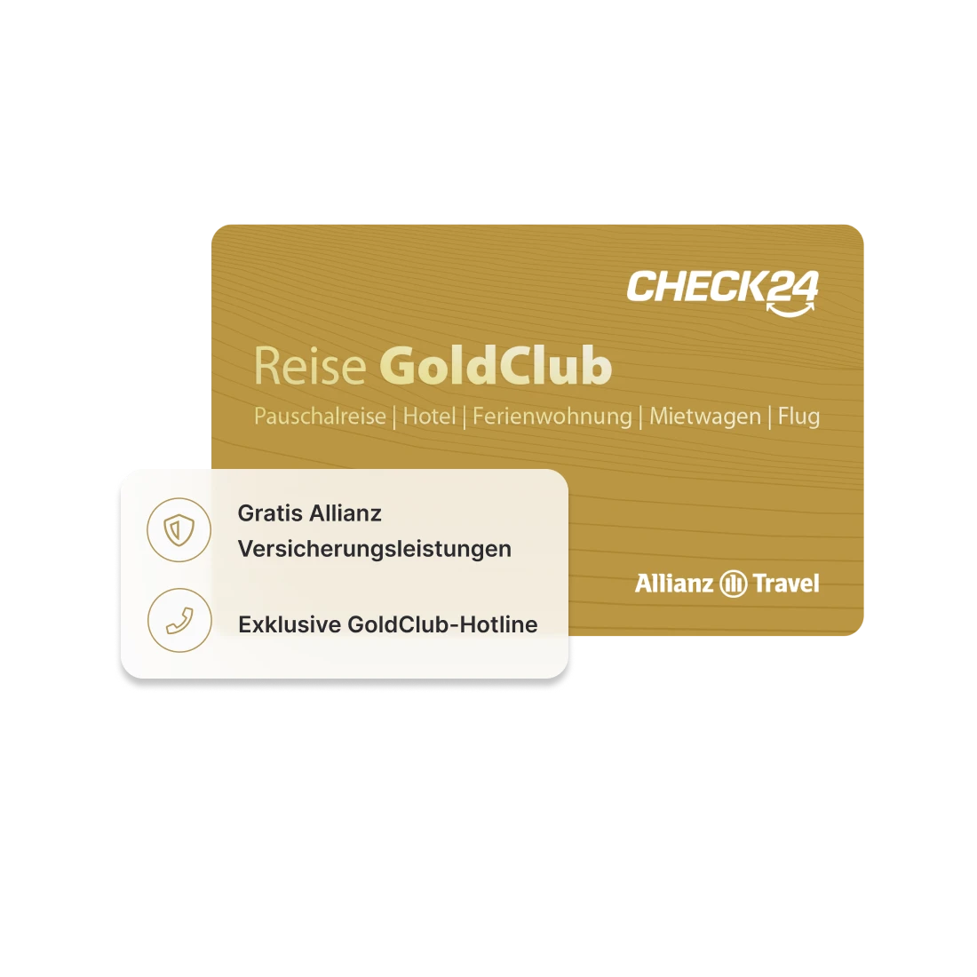 Eine goldene Karte mit CHECK24 Logo und der Aufschrift 'Reise GoldClub'.