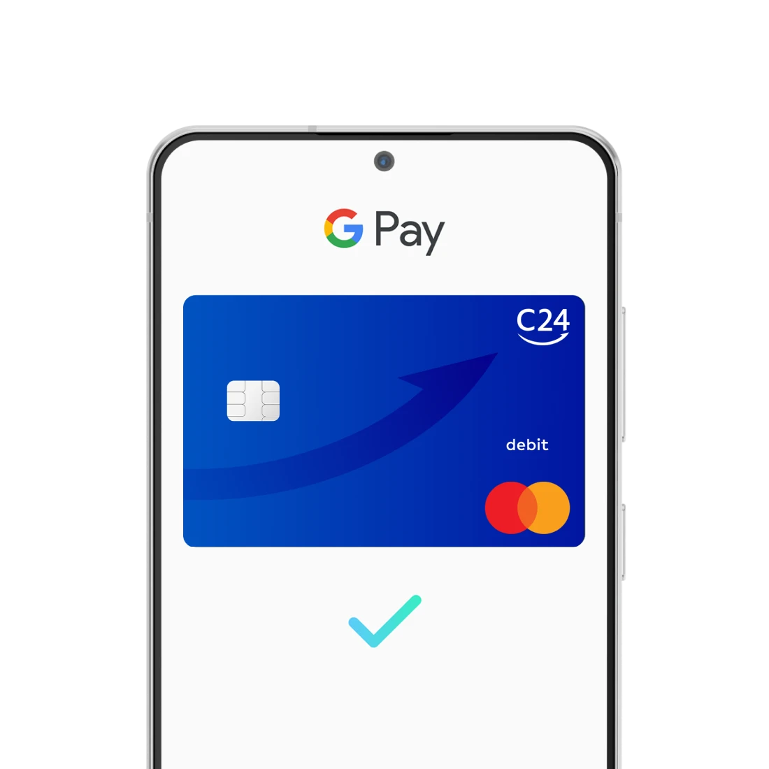 Ein Smartphone zeigt das Google Pay™ Logo mit der dunkelblauen C24 Mastercard und einem türkis-blauen Haken.