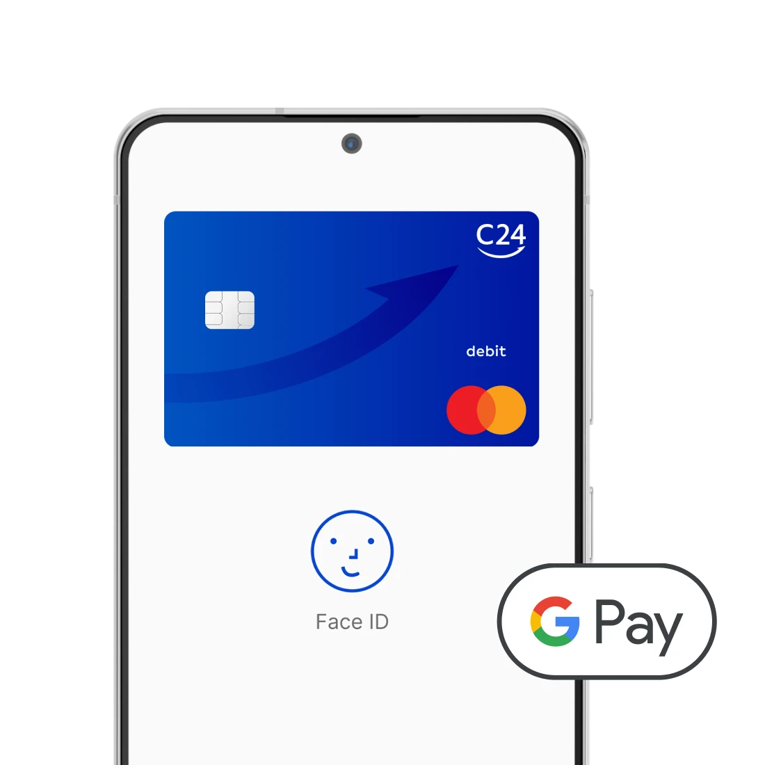 Ein Smartphone zeigt die dunkelblaue C24 Mastercard und daneben das Google Pay™ Logo.