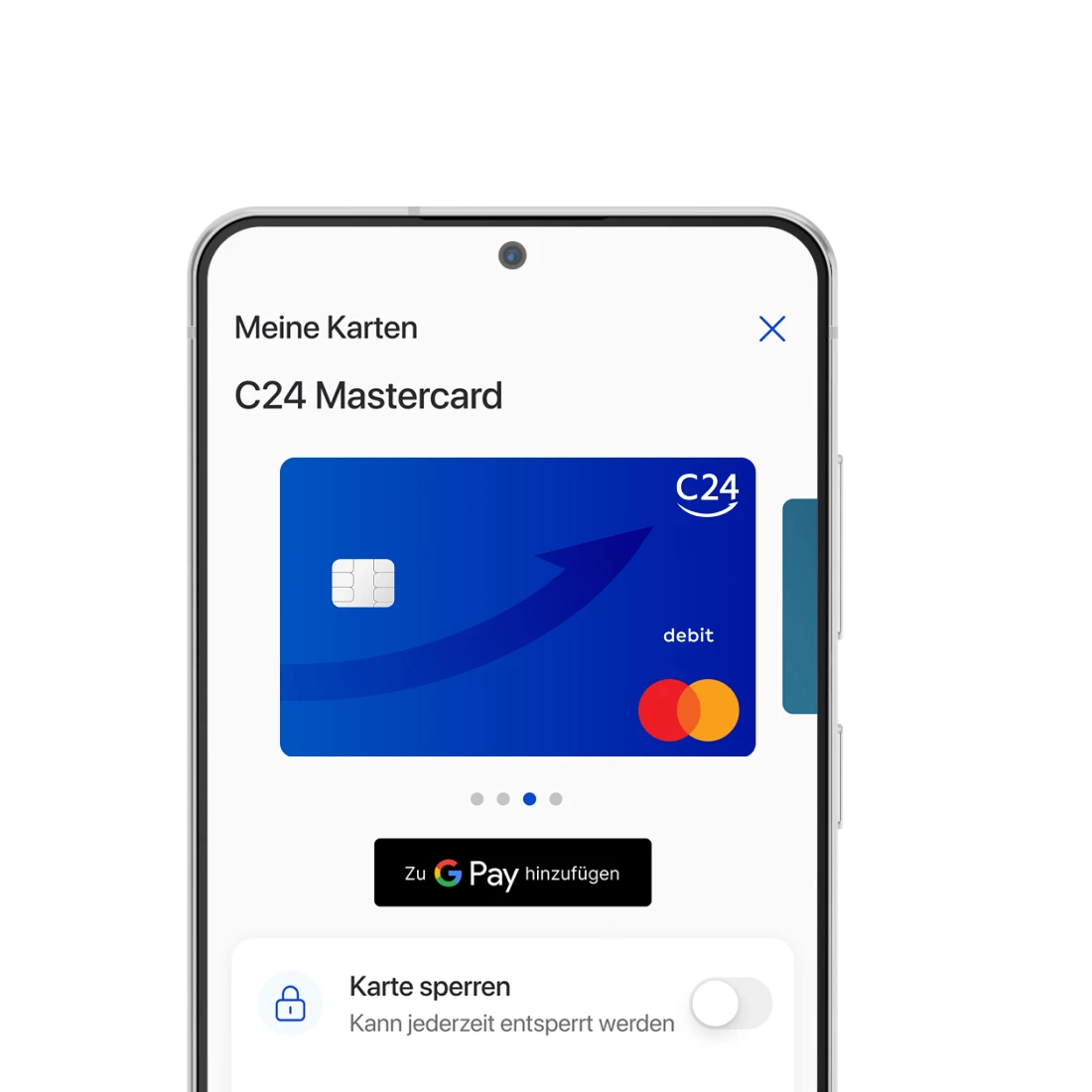 Ein Smartphone zeigt die Seite 'Meine Karten' der C24 Bank App, auf der man via Button die Karte zu Google Pay™ hinzufügen kann.