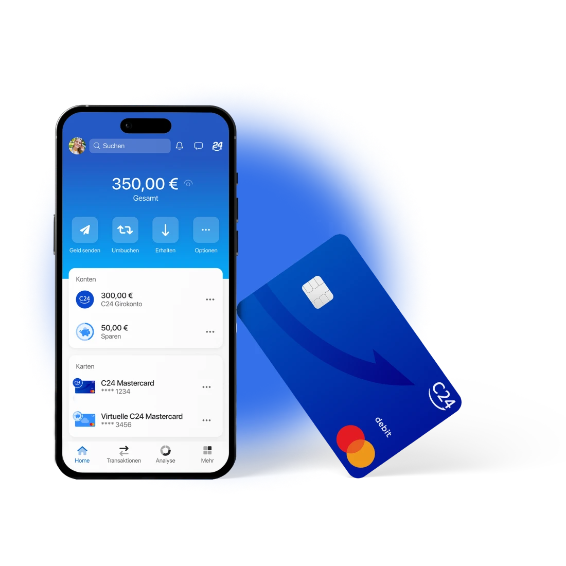 Ein Smartphone zeigt die Startseite der C24 Bank App. Eine dunkelblaue C24 Mastercard lehnt daran an.