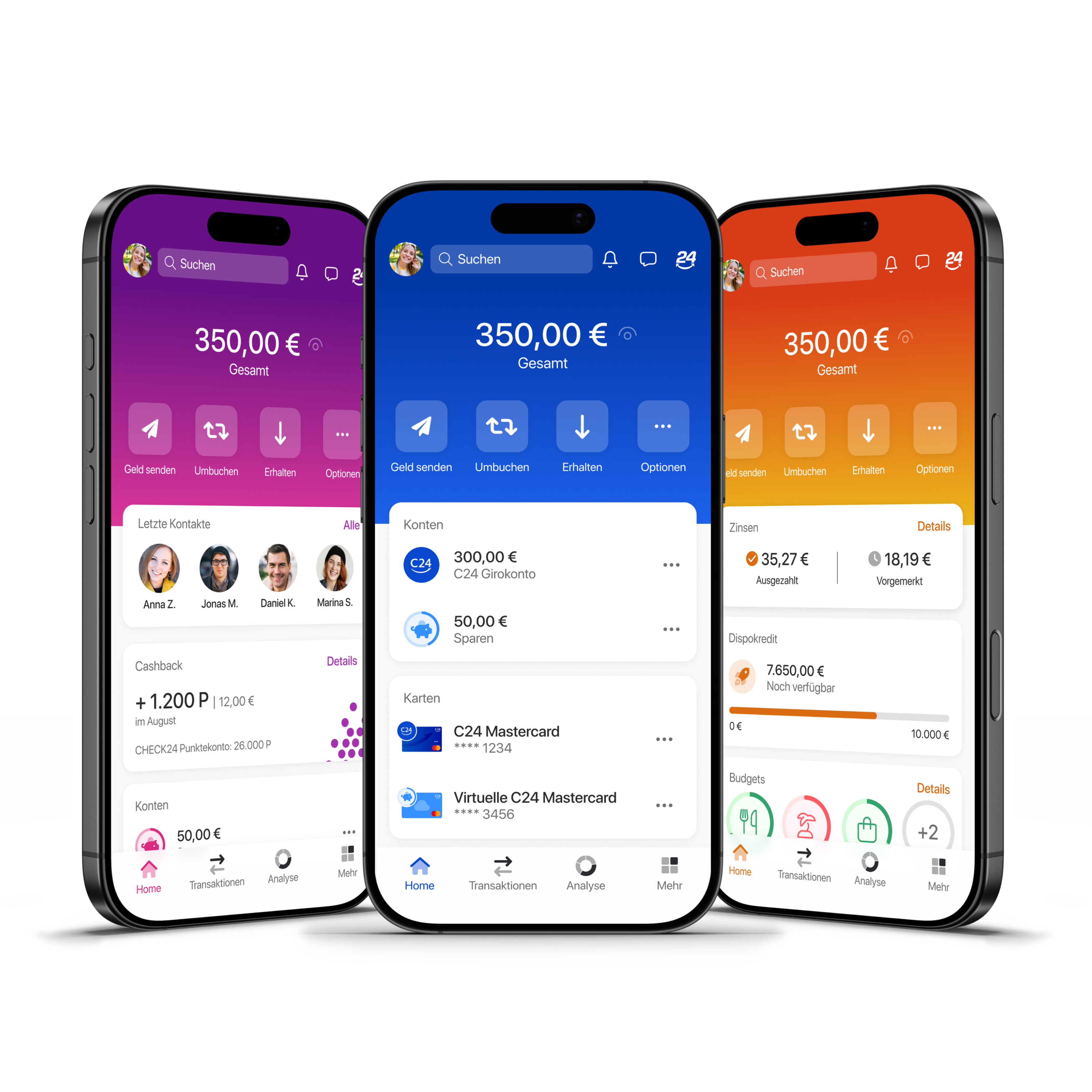 Drei Smartphones zeigen die Startseite der C24 Bank App in jeweils verschiedenen Farben: Lila, Blau und Orange.