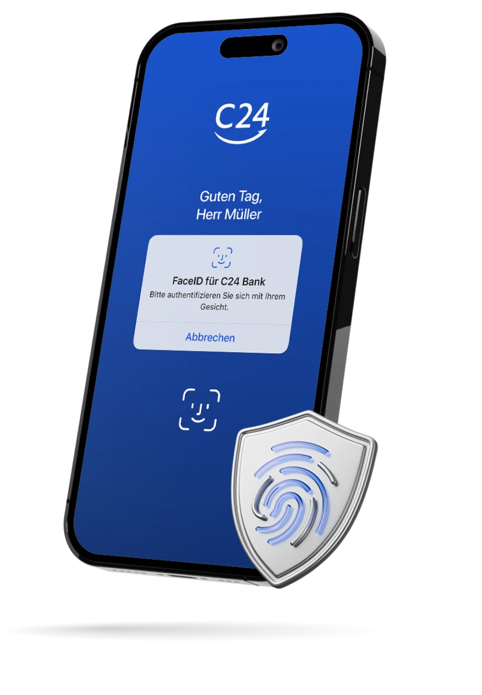 Ein Smartphone zeigt die Abfrage einer FaceID an.