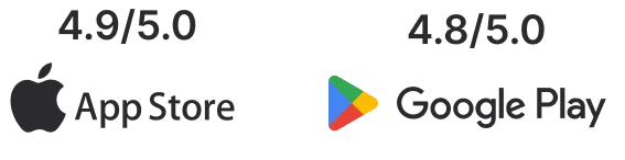 Sterne-Bewertungen vom App Store (4,9 von 5) und Google Play (4,8 von 5).