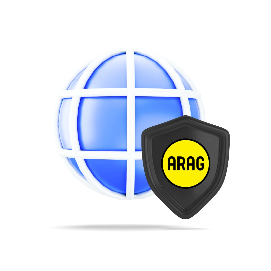 3D Illustration einer Weltkugel, davor ein schwarzes Schild mit dem Logo der Versicherung Arag darauf.