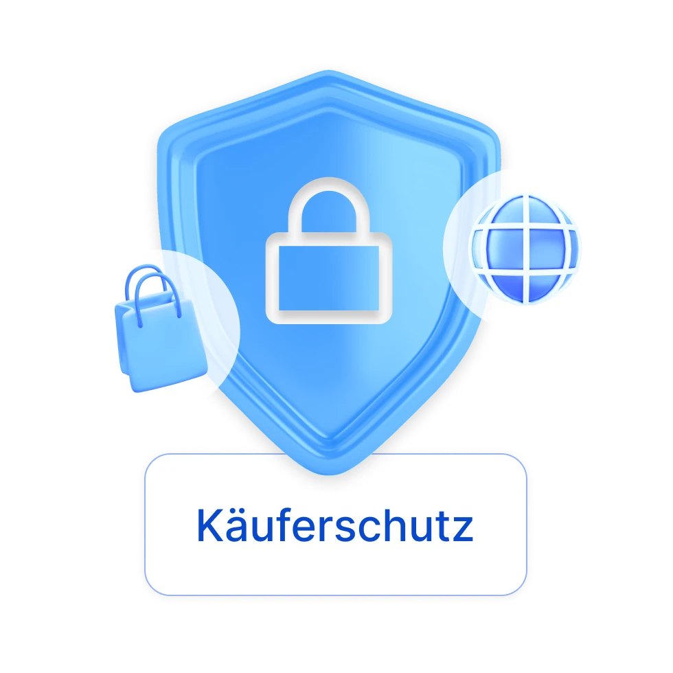 3D Illustration eines Schildes mit einem Schloss in der Mitte, daneben eine Einkaufstüte und eine Weltkugel, darunter der Text 'Käuferschutz'.