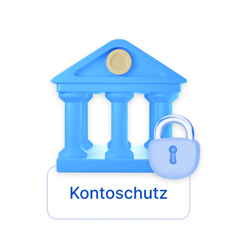 3D Illustration eines Bankhauses mit einem Schloss daneben, darunter der Text 'Kontoschutz'.