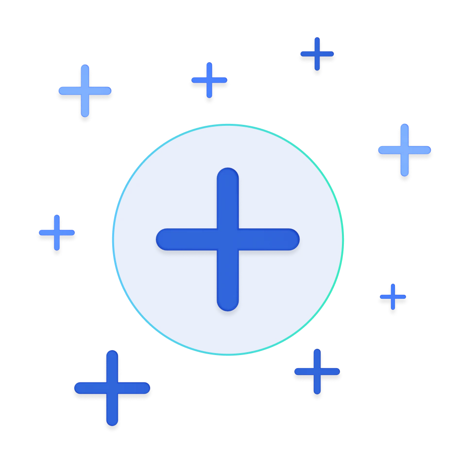 Ein blaues Plus-Symbol in einem Kreis, mit vielen weiteren Plus-Symbolen drumherum.