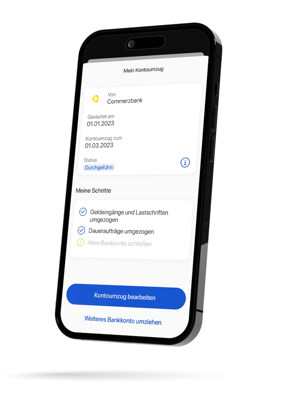 Ein Smartphone zeigt die Übersicht eines laufenden Kontoumzuges innerhalb der C24 Bank App, in welcher die verbleibenden Schritte aufgezeigt werden.