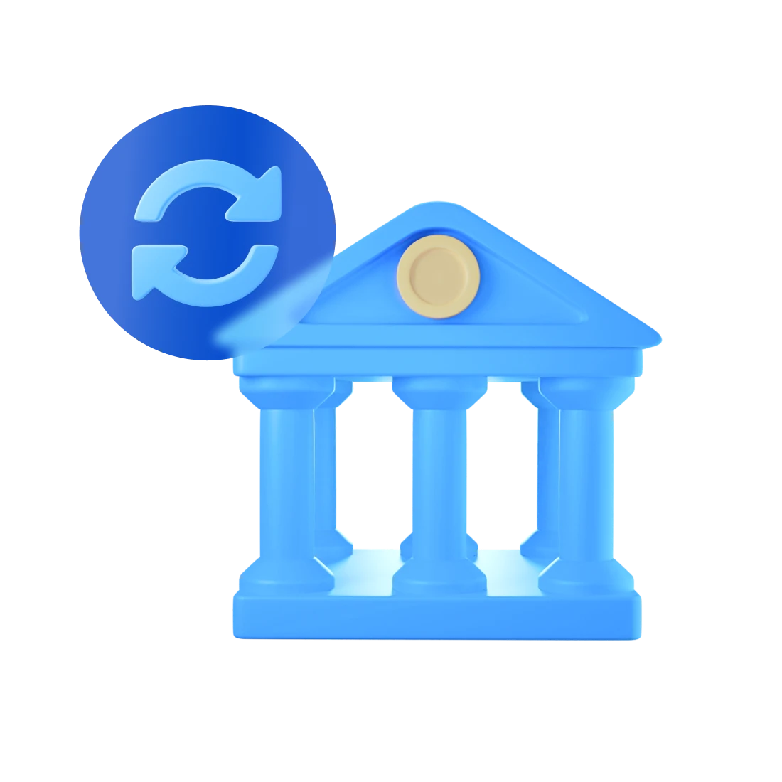3D Illustration eines Bankhauses mit einem Wechsel-Symbol daneben.