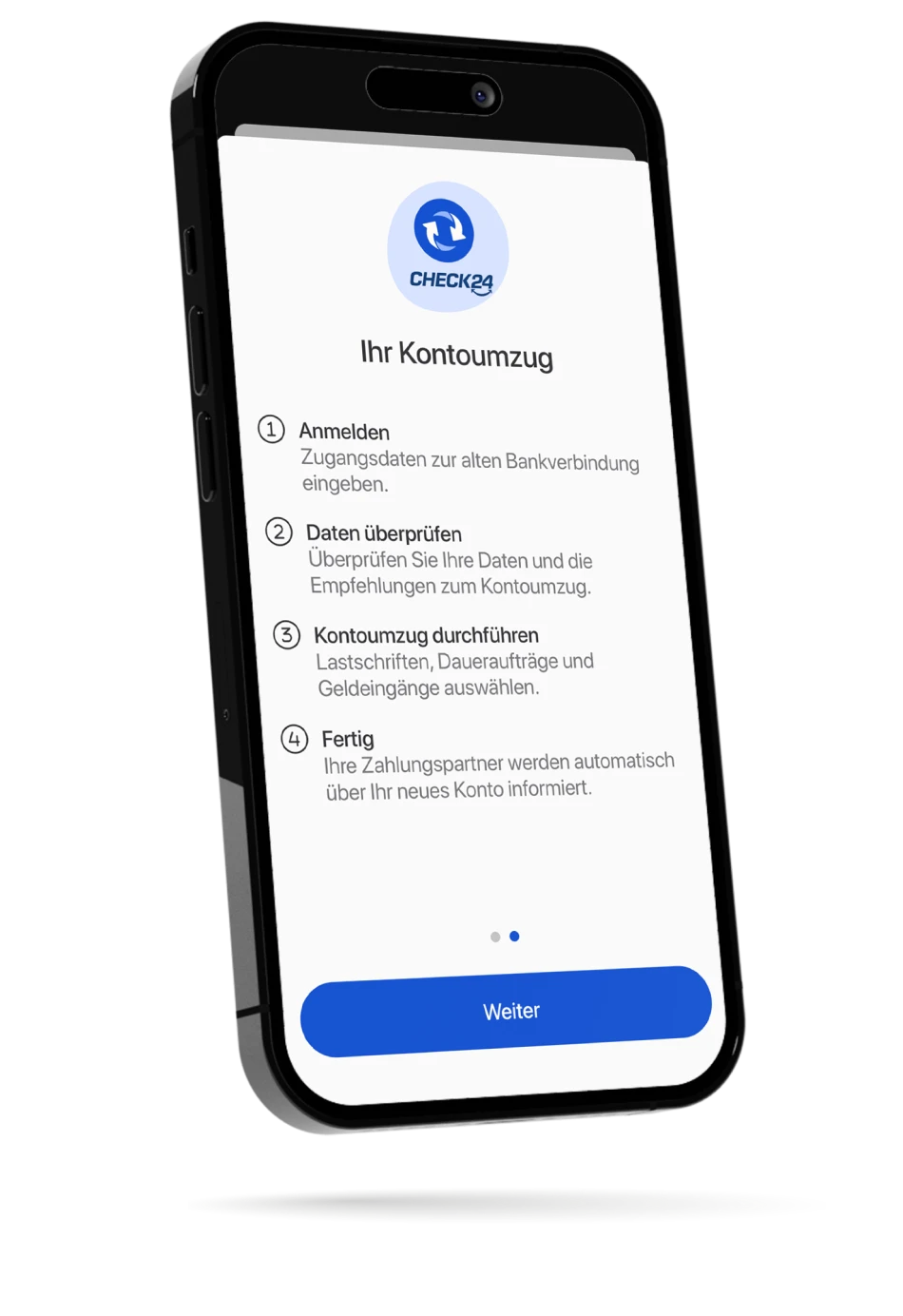 Ein Smartphone zeigt die nötigen Schritte, um einen Kontoumzug innerhalb der C24 Bank App durchzuführen: Anmelden, Daten überprüfen, Kontoumzug durchführen, Fertig.