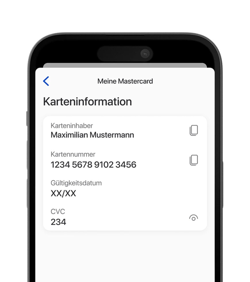 Ein Smartphone zeigt die Karteninformationsseite der C24 Bank App, auf der Informationen wie Kartennummer und Gültigkeitsdatum eingesehen werden können.