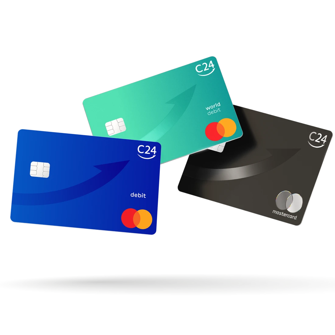 Drei schwebende C24 Mastercard Karten in verschiedenen Farben: Dunkelblau, Türkis und Schwarz.