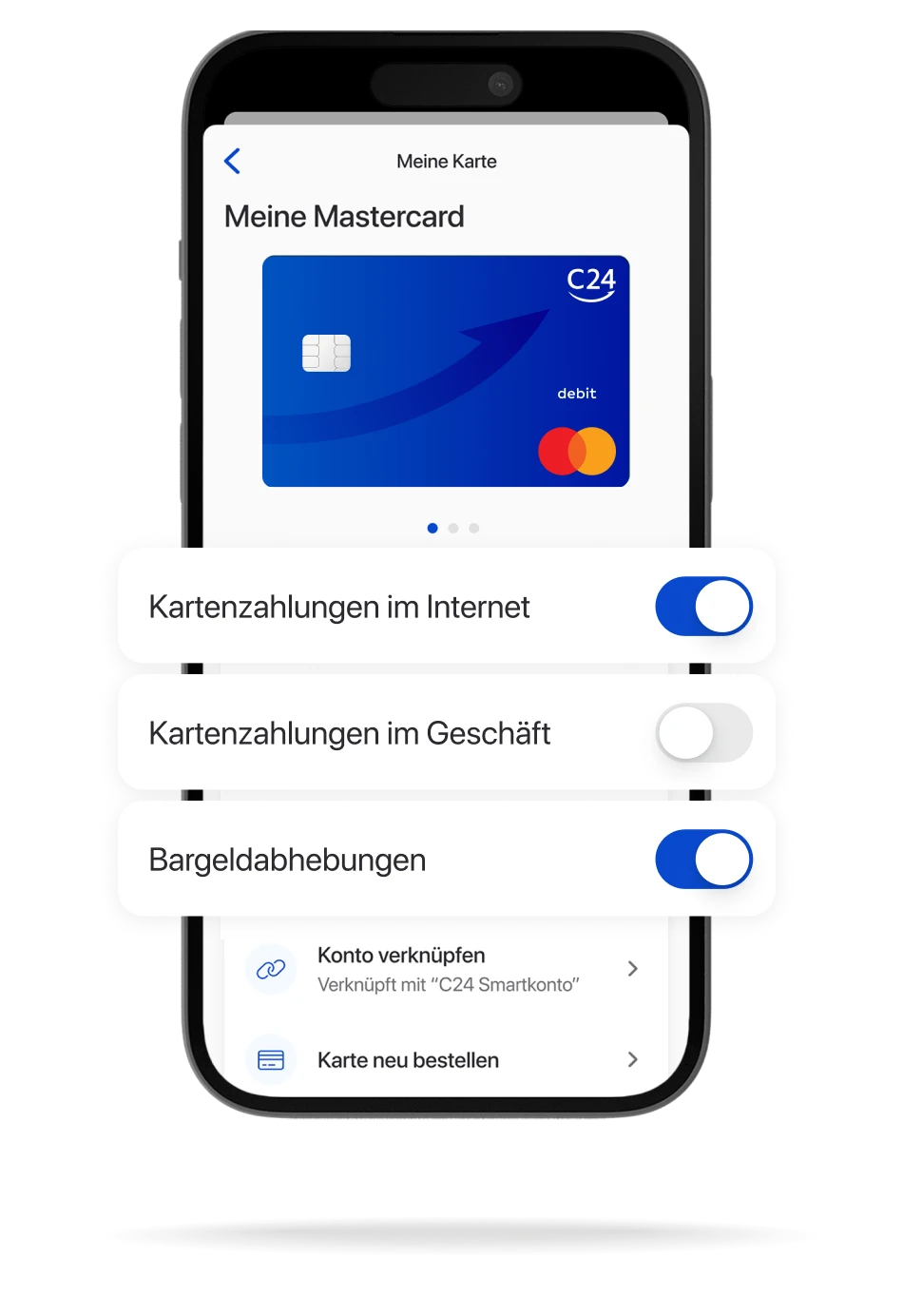 Ein Smartphone zeigt die Seite 'meine Karten' der C24 Bank App, auf der Funktionen wie Kartenzahlungen im Internet jederzeit vom Nutzer deaktiviert und aktiviert werden können.
