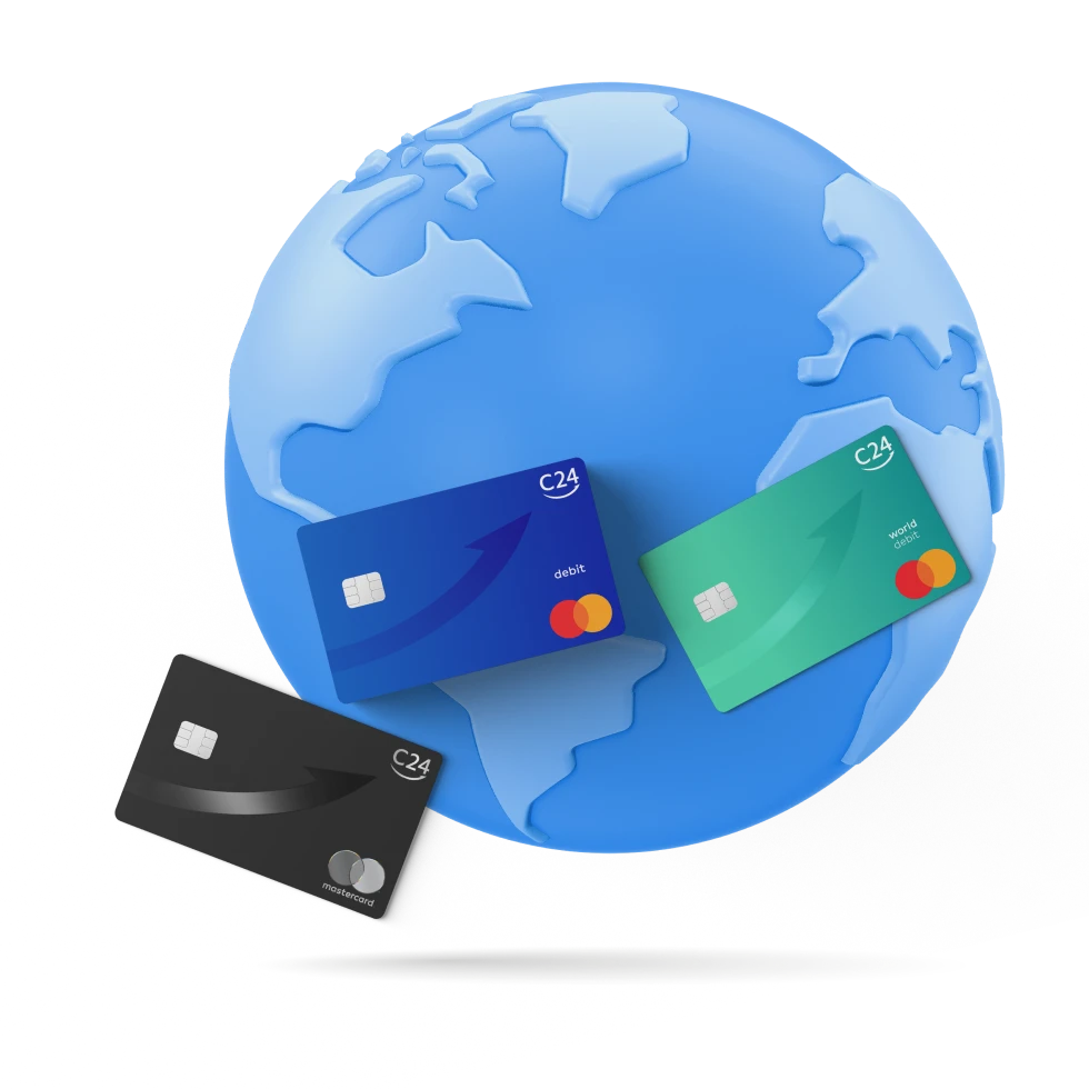 3D Illustration einer Weltkugel. Davor drei schwebende C24 Mastercard Karten in verschiedenen Farben: Schwarz, Dunkelblau und Türkis.