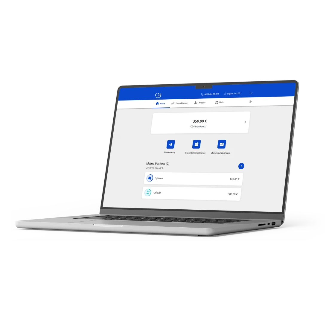 Ein Laptop zeigt die Startseite des C24 Online-Bankings.