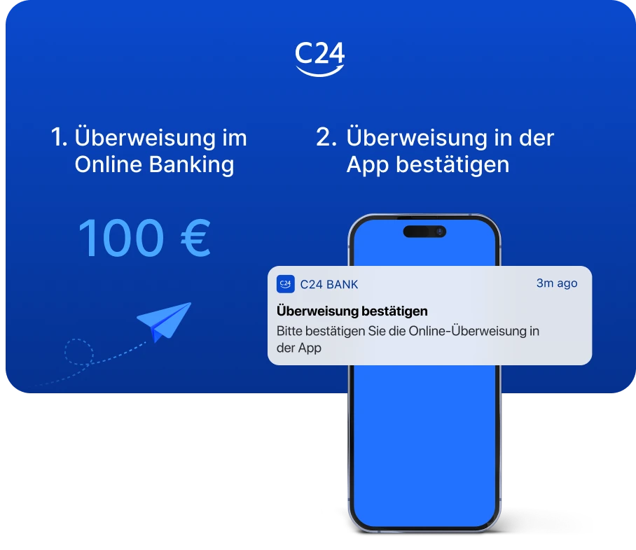 Eine Illustration mit einem Papierflieger und einem Smartphone mit hervorgehobener Push-Benachrichtigung zeigt zwei Schritte: 1. Überweisung im Online Banking, 2. Überweisung in der App bestätigen.